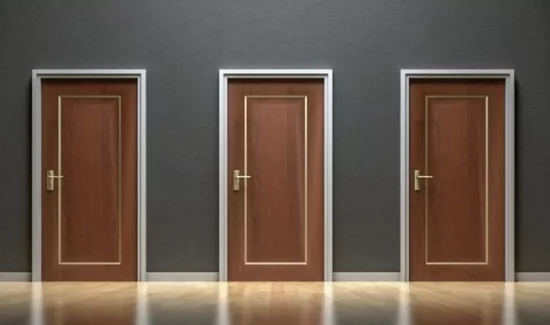 Drei dunkle Holztüren mit goldnen Akzenten und hellem Rahmen in einer dunkelgrauen Wand.
