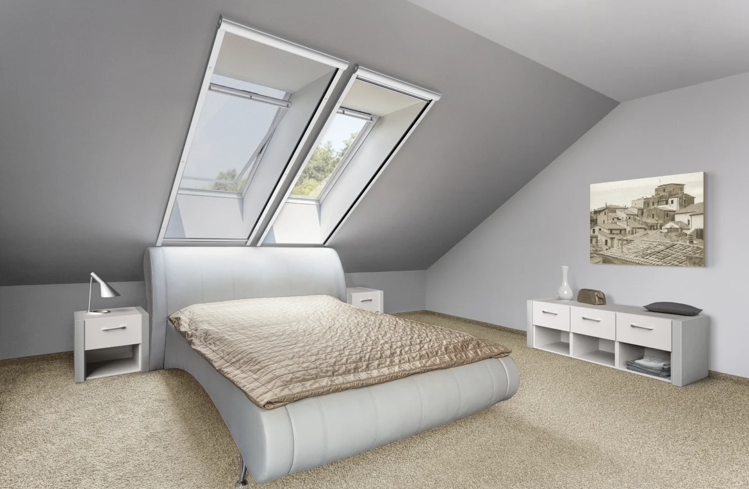 Modernes Schlafzimmer mit Dachfenstern und stilvollem Dekor